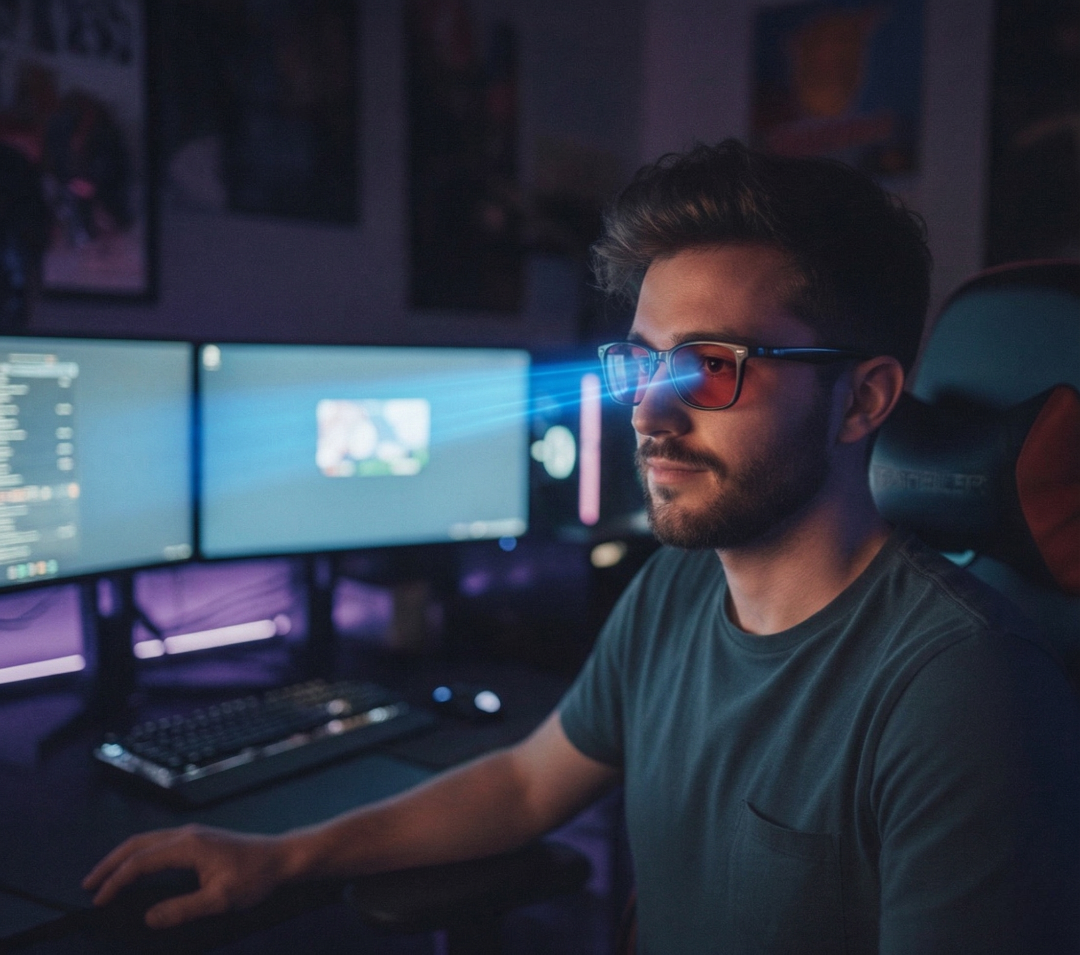 Homem usando óculos NortWave no computador